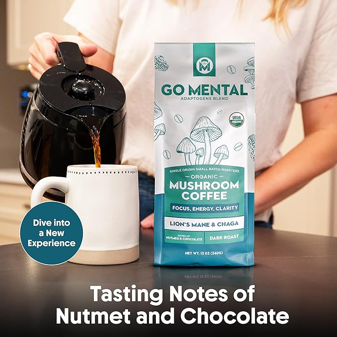Organic Lion's Mane and Chaga Mushroom Coffee Dark Roast, Full Fruiting Bodies, For Enhanced Brain Function, Immune Support, Wellbeing, Grade 1 Single Origin Peruvian, 12oz - Ground (2 Pack)