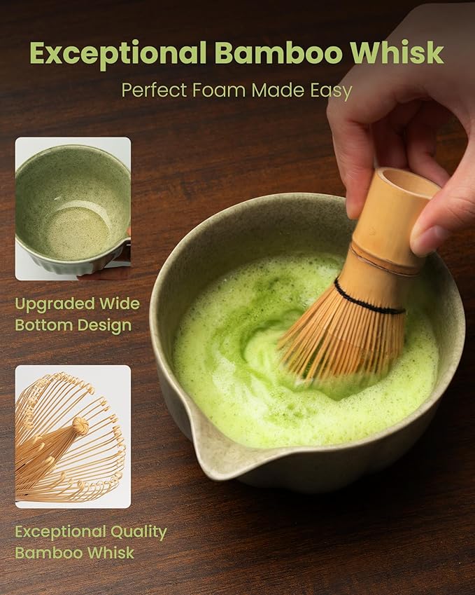 Handcrafted Matcha Kit, 7-Piece Green Tea Set, Includes Ceramic Bowl, Bamboo Whisk, Stainless Steel Sifter, Bamboo Scoop, Whisk Holder & Cotton Towel, Perfect for Tea Ceremony, Green Big Flower