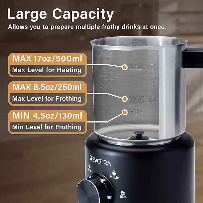 Milk Frother and Steamer, 500ml 4-in-1 Electric Foam Maker with Dial Control & LED Indicator, Hot & Cold Milk Frother, Non-Stick Stainless Steel, Silent, Easy to Clean, for Coffee, christmas gift