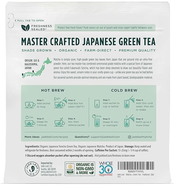 Jade Leaf Matcha Organic Matcha + Green Tea Bags - Traditional - Ceremonial Matcha + Whole Leaf Sencha - Authentic Japanese Origin (35 Pyramid Sachets)
