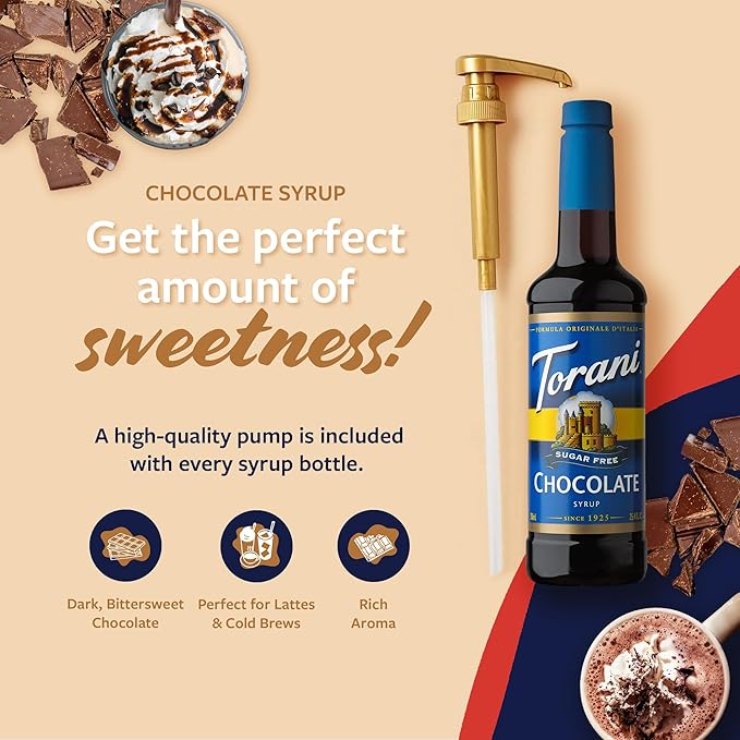 Torani Sugar Free Coffee Syrup, Chocolate Flavored Syrup for Drinks, Zero Calorie, Pump Included, 25.4 Fl Oz