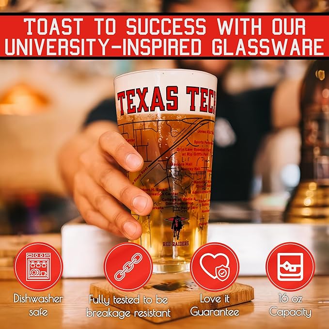 Greenline Goods – Texas Tech University Red Raiders College Pint Beer Glasses (Set of 2), 16 oz – Full-Color Logo + Campus Map