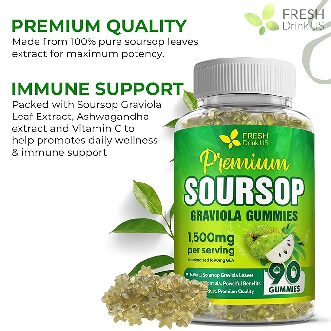 FRESHDRINKUS, 90 Max-Strength Soursop (Graviola) Gummies + Sea Moss & Turmeric — Cell Support • Non-GMO, Vegan, Sugar-Free Formula – Convenient Chewable Herbal Supplement