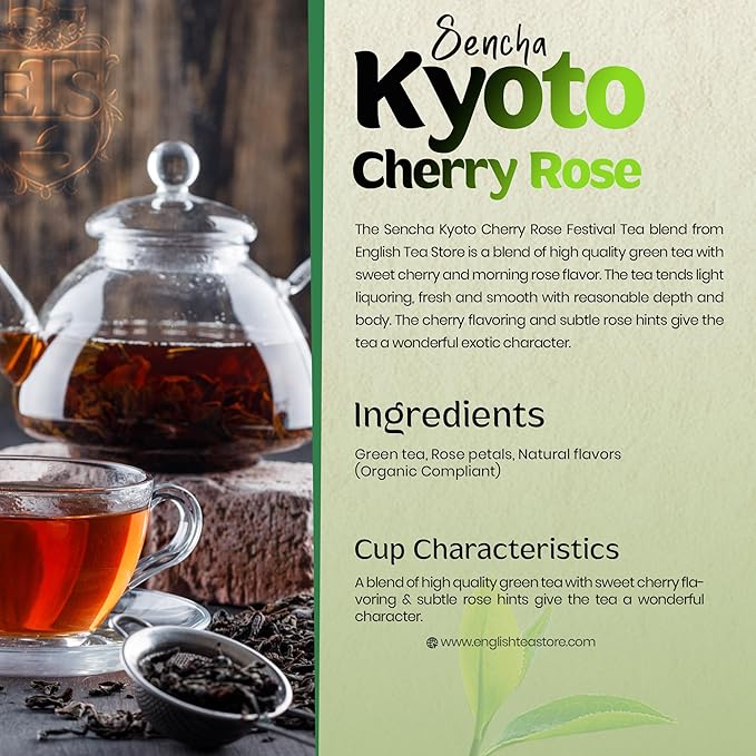 Sencha Kyoto Cherry Rose Festival Green Tea | Loose Leaf Japanese Style Green Tea with Sweet Cherry and Rose Flavor | 16oz Pouch | Great Hot or Iced | Steamed Sencha Tea | English Tea Store