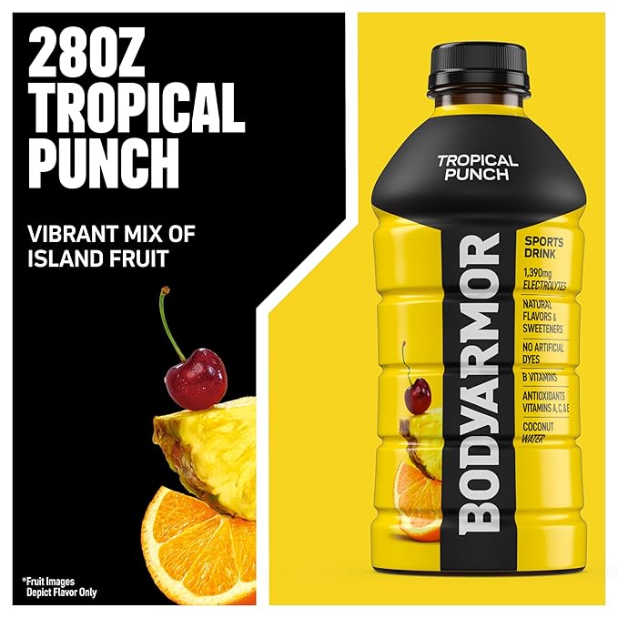 BODYARMOR Sports Drink, Tropical Punch, Electrolyte Drink Hydration, 28 Fl Oz Bottles (15 Pack), Flavored Coconut Water with B Vitamins & Antioxidants