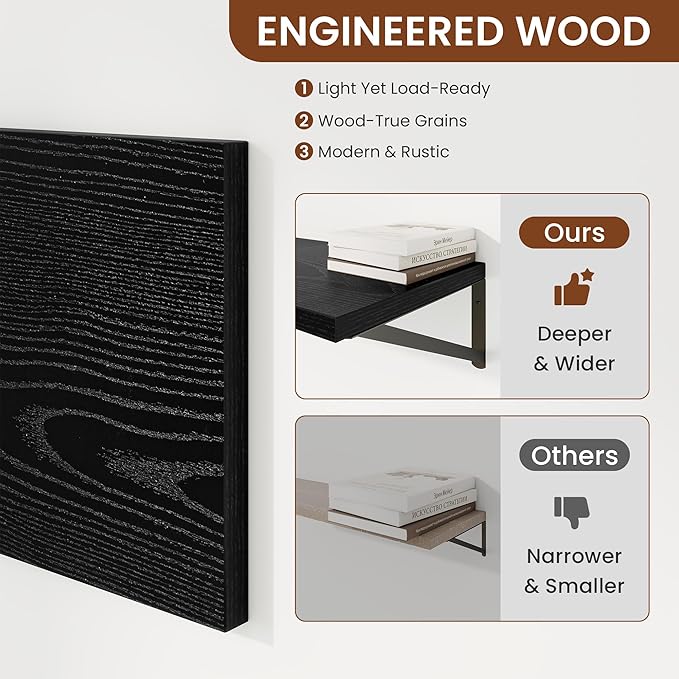 Deep Wall Shelves 12"W x 12"D Engineered Wood Floating Shelves for Wall, Sturdy Metal Bracket Bookshelves Home Decor Storage for Living Room Bedroom Bathroom Kitchen, Set of 2, Black Finish