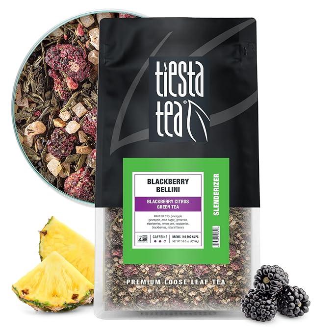 Tiesta Tea - Blackberry Bellini, Premium Loose Leaf Blend, Blackberry Citrus Green Tea, Medium Caffeinated, Refreshing Flavor, Hot or Iced, Up to 200 Cups, 16oz Resealable Bulk Pouch