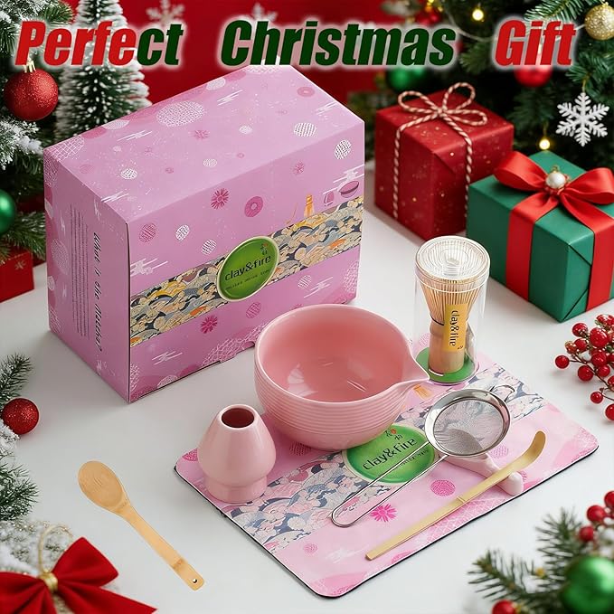 Clay&Fire Matcha Whisk Set, 9 pcs Ceramic Matcha Set, Gifts for Women,Matcha Bowl with Spout and Whisk, Matcha Kit for Matcha Lovers, Ideal Gift Christmas, Birthday, Anniversary(Pink)