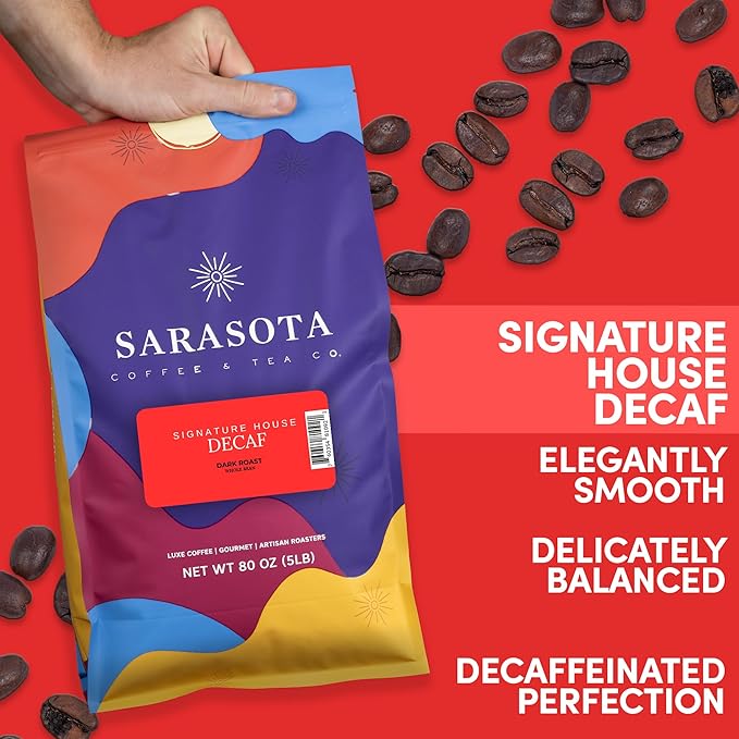 Sarasota Coffee Whole Bean Decaf | Dark Roast Gourmet Decaffeinated Coffee Beans | Low Acid, Mold Free, Specialty Grade Bulk Beans | 5lb (80 oz)