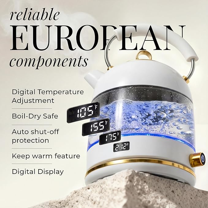 White Electric Tea Kettle with Temperature Control - 1500W Fast Hot Water Boiler and Warmer - White and Gold Electric Kettle with Keep Warm Function, BPA-Free Glass Body, Stylish Design, Auto Shut-Off