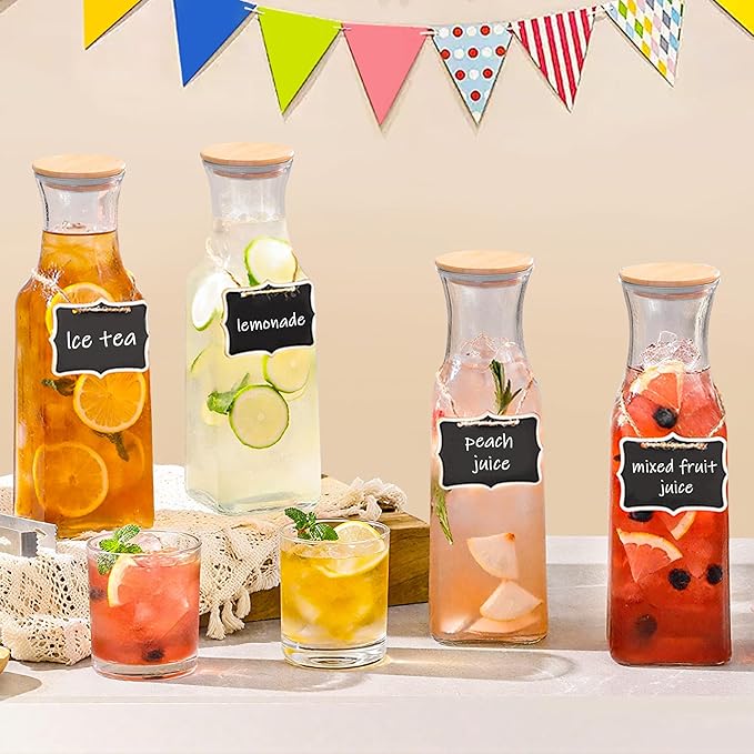 35 Oz Square Glass Carafe with Bamboo Lid, Beverage Dispensers,Mimosa Bar Supplies,Clear Glass Pitcher with Name Labels for Iced Tea,Coffee,Juice(Pack of 2)