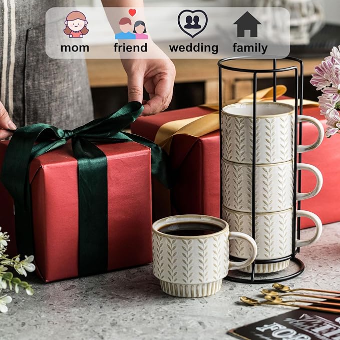 Coffee Mugs Set of 4 with Spoons & Stand, Stackable Espresso Cups 13oz Coffee Mug for Drinks Latte Cappuccino Tea, Coffee Cup for Women Men Couples Housewarming Birthday Gift, Dishwasher Safe