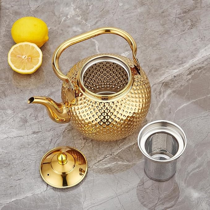 SANQIAHOME 1200ml teapot with Infuser stainless steel Water Boilers lifting handle Tea Maker Water Kettle for Induction/Gas gold