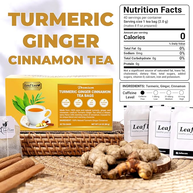 LeafLea Turmeric Ginger Cinnamon Tea, 120 Individually Wrapped Tea Bags, 100% Natural Herbal Blend with Pure Ginger and Turmeric, Supports Digestion & Immune Health, Caffeine-Free, No Sugar