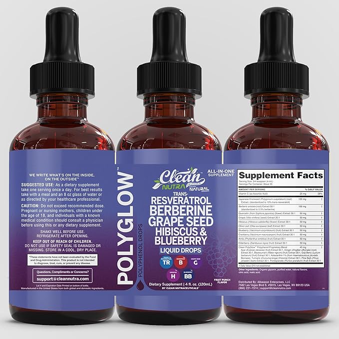 Clean Nutra Resveratrol Liquid Drops with Berberine, Grape Seed Extract, Hibiscus, and Blueberry – 120ml All-in-One Polyphenol Supplement – Natural Fruit Punch Flavor, Vegan Friendly