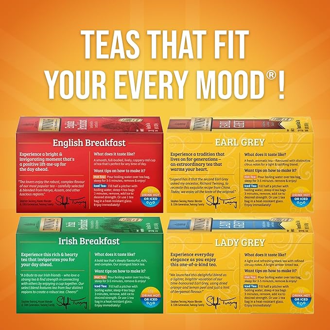 Twinings Variety Pack Black Tea Bags, 20 Count (Pack of 4), Includes English Breakfast, Earl Grey, Irish Breakfast, and Lady Grey, Caffeinated, Enjoy Hot or Iced, 80 Teabags