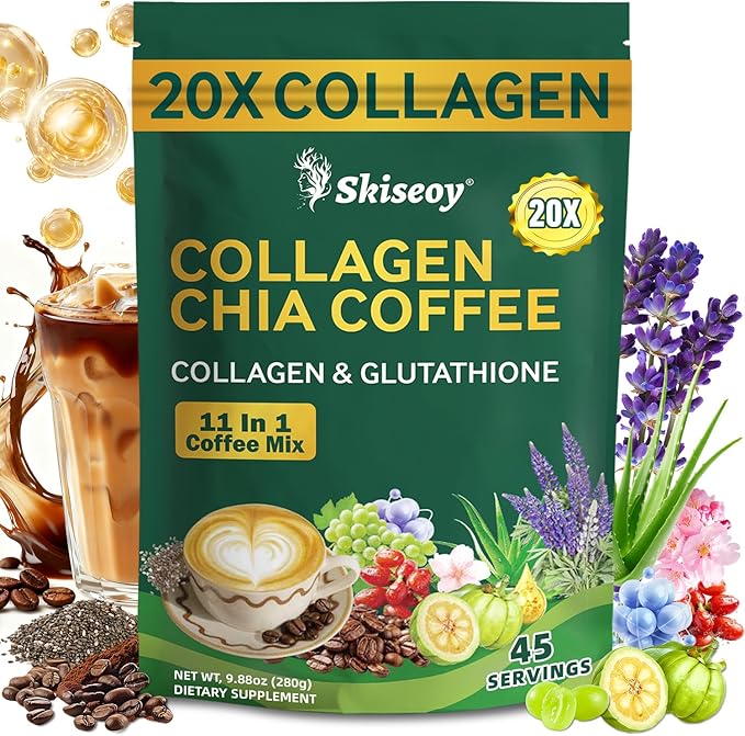 20x Collagen Chia Coffee - 11-in-1 Coffee Shape Mix with Collagen & Chia Seeds, L-Glutathione for Skin, Hair, Joints - Boost Energy and Improve Focus, Vegan Friendly, 45 Servings