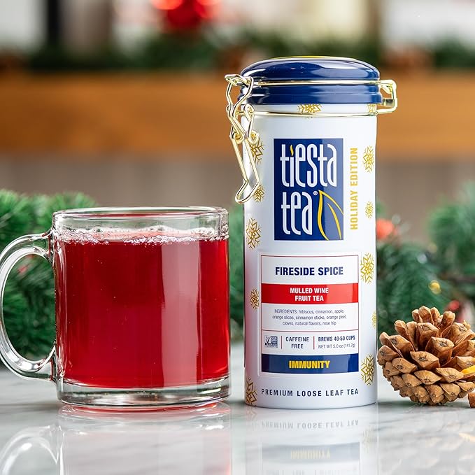 Tiesta Tea - Holiday Cheer Tea Gift Set, Loose Leaf Holiday Blends with Infuser, Non-Caffeinated, Stainless Steel Brewbasket & 2 Refillable Tin Combo, Fireside Spice & Peppermint Cocoa