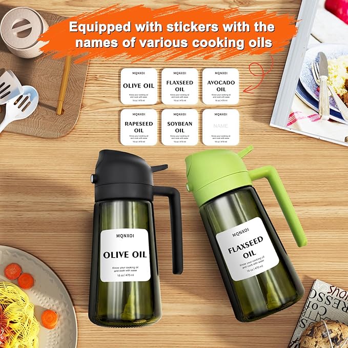 Oil Sprayer for Cooking, 2 in 1 Olive Oil Dispenser Bottle for Kitchen, 16oz/470ml Premium Glass, Food-grade Oil Mister for Air Fryer, Salad, Frying, BBQ (Black + Dark Green Bottle)