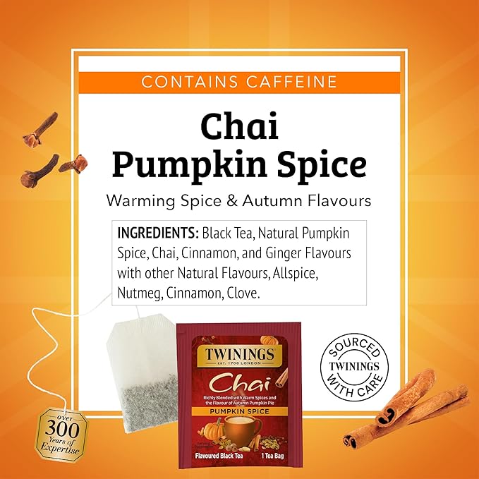 Twinings Pumpkin Spice Chai Black Tea Individually Wrapped Bags, 20 Count (Pack of 1), Warm, Spicy & Aromatic, Caffeinated, Enjoy Hot or Iced, 20 Teabags