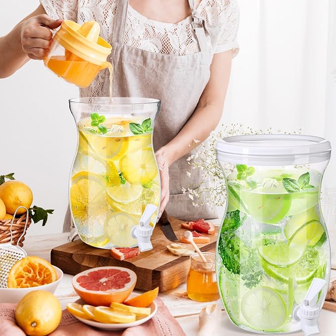 Havawish 2 Pcs 1 Gallon Plastic Beverage Dispenser with Spigot Clear Summer Kitchen Fridge Drink Dispenser for Parties Lemonade Juice Tea Beer Cold Water(White,Gourd)