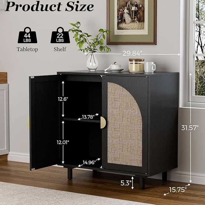 Small Buffet Cabinet, Modern Sideboard with Rattan Decorated Doors, Magnetic Latch, Adjustable Shelf, 29.8x15.7x31.5 inches, Black