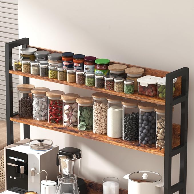 Kitchen Baker’s Rack with Power Outlet, 5-Tier Free Standing Storage Shelf Rack with Hooks, Kitchen Shelves with Storage,Industrial Microwave Stand Shelf for Dining Room,Coffee Bar for Spaces