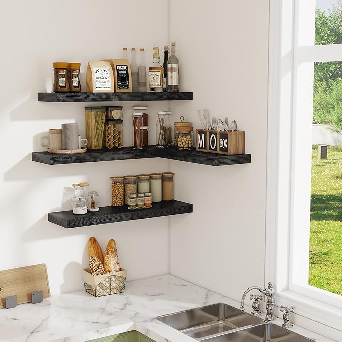 Fun Memories Floating Shelves - 2 Pack 30 Inch Long Rustic Wooden Wall Shelves - 8 Inch Deep Wall Mounted Storage Shelf with Invisible Heavy-Duty Brackets for Books, Bathroom, Kitchen - Black
