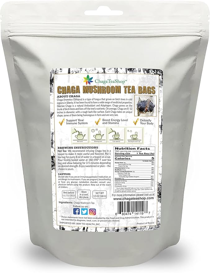 Siberian Chaga Mushroom Individual Filter Tea Bags Original 50 Filter Bags Net Wt 3.5 Oz (100g)