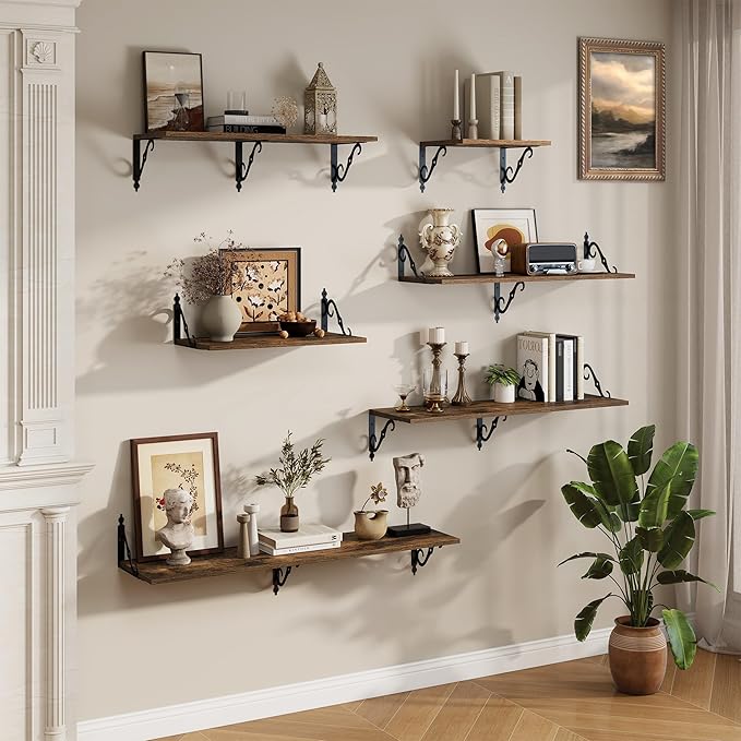 RICHFOCUS 12 Inch Deep Floating Shelves for Wall, 48" W x 12" D Wood Wall Shelves Set of 2, Wide Floating Shelves for Living Room, Bedroom, Kitchen, Bathroom and Decor Storage, Rustic Brown