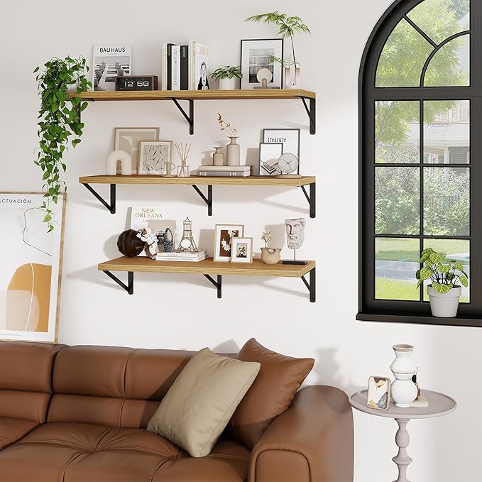 Deep Wall Shelves 16"W x 12"D Engineered Wood Floating Shelves for Wall, Sturdy Metal Bracket Bookshelves Home Decor Storage for Living Room Bedroom Bathroom Kitchen, Set of 2, Oak Finish