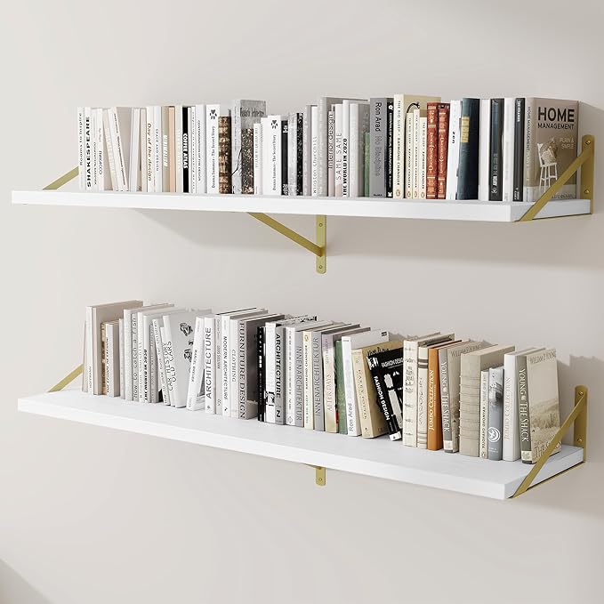 Deep Wall Shelves 55"W x 12"D Engineered Wood Floating Shelves for Wall, Sturdy Metal Bracket(Gold) Bookshelves Home Decor Storage for Living Room Bedroom Bathroom Kitchen, Set of 2, White Finish