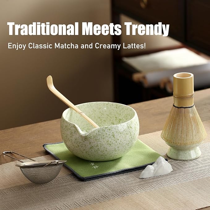 Matcha Whisk Set, Ceramic Matcha Bowl with Spout, Bamboo Whisk, Scoop, Holder, Sifter, Tea Towel, 7-Piece Artisan Wave Matcha Kit Set for Making Breakfast/Latte, Round Green, Large