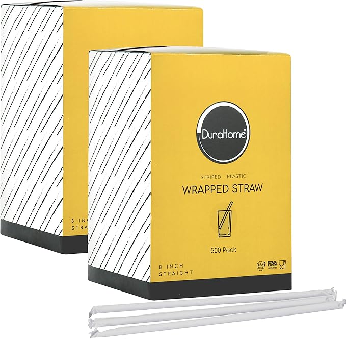 DuraHome Striped Plastic Straws Individually Wrapped White and Red 1000 Pack - 8 inch Drinking Straw, BPA Free Restaurant Style Disposable Straight Straws 0.24" Wide, Bulk Set