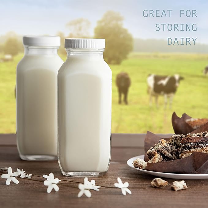 kitchentoolz 16oz Square Glass Milk Bottle with Lid - Airtight Vintage Reusable Dairy Drinking Jars Containers for Milk, Yogurt, Smoothies, Juice, Kefir, & Water -2 Pack 16 oz Glass Bottles with Lids
