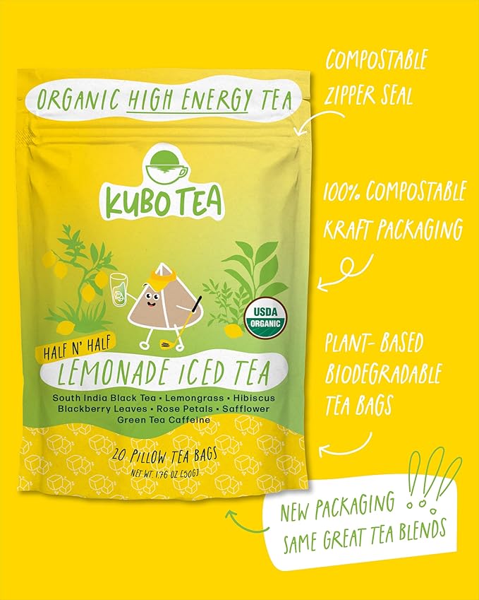 High Caffeine Iced Tea (155 mg) - Kubo Tea: Organic Half & Half Lemonade Black Tea Bags for Clean Energy & Focus | Healthy Coffee Substitute | High Energy Iced Blend | 20 Ct | Compostable Packaging