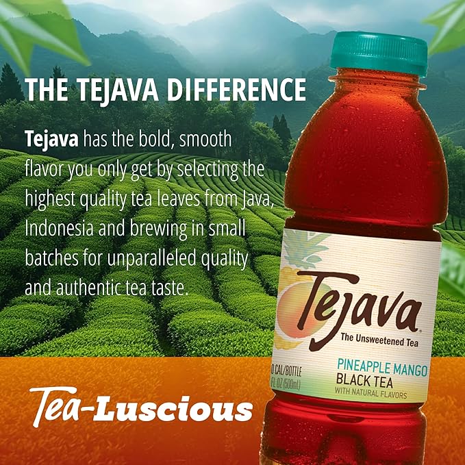 Tejava Pineapple Mango Black Tea, 6 Pack 16.9 oz PET, Unsweetened, Ready-to-Drink Premium Iced Tea