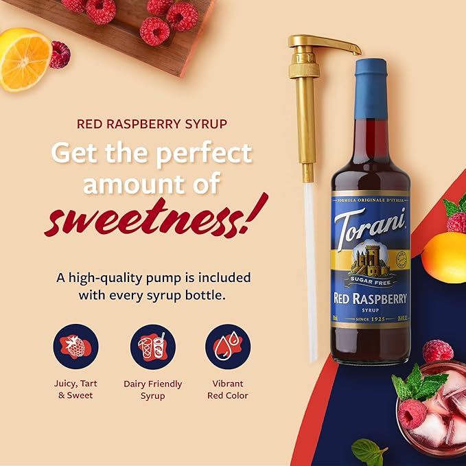 Torani Sugar Free Syrup, Red Raspberry, Dairy Friendly Flavoring for Drinks, Zero Calorie, Glass Bottle with Pump Included, 25.4 Fl Oz