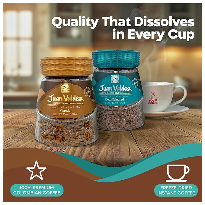 Juan Valdez Freeze-Dried Instant Coffee Bundle - Regular & Decaffeinated | 100% Colombian Arabica Beans | Smooth & Rich Taste - Premium Colombian Coffee | 2 Jars - 3.5 oz (100 g) Each
