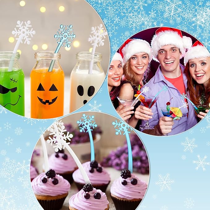 Meanplan 200 Pieces Christmas Coffee Stirrers Plastic Snowflake Swizzle Sticks Hot Cocoa Bar Stirrers Drink Cocktail Stirrers for Hot Cocoa Bar Christmas Winter Party Supplies