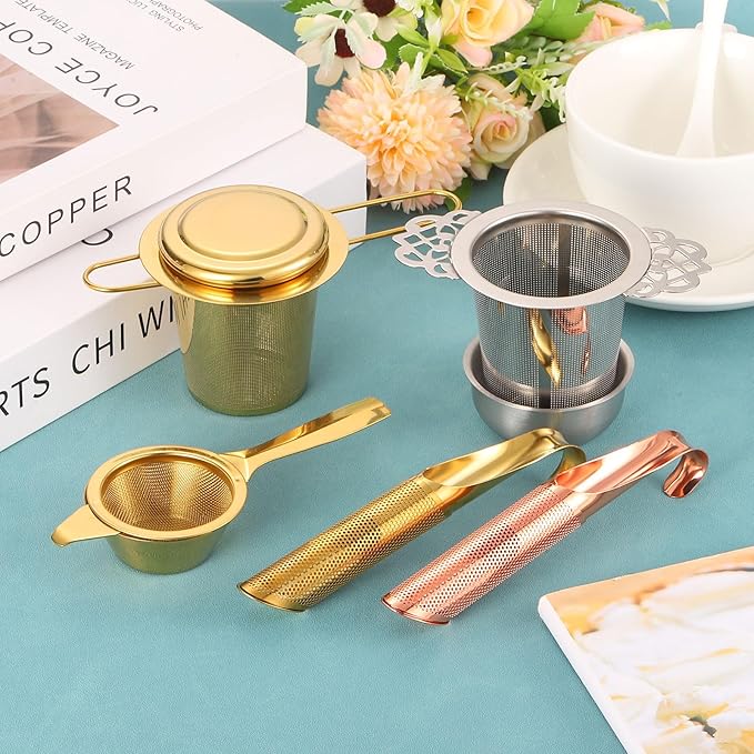 uxcell 2 Pcs Tea Infuser Filter, Fine Mesh Loose Tea Steeper, Stainless Steel Tea Strainer with Foldable Handle for Brew Loose Leaf Tea, Gold