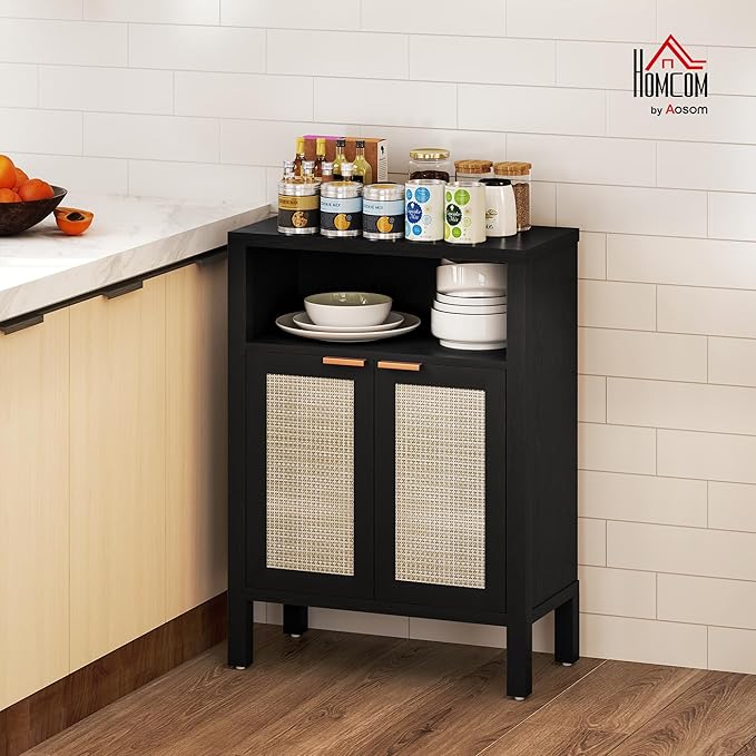 HOMCOM Rattan Sideboard Buffet Cabinet with Storage, Modern Accent Cabinet with 2 Doors and Adjustable Shelf, Freestanding Buffet Table for Entryway Living Room, Distressed Black
