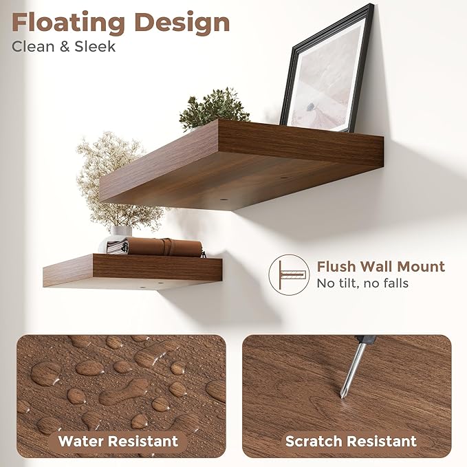 12 Inch Square Floating Shelves for Wall 2 Pack, 12"D Wood Grain Bathroom Shelves with Invisible Brackets, Easy Install Engineered Wood Storage Shelves for Kitchen, Living Room, Bedroom, Walnut Finish