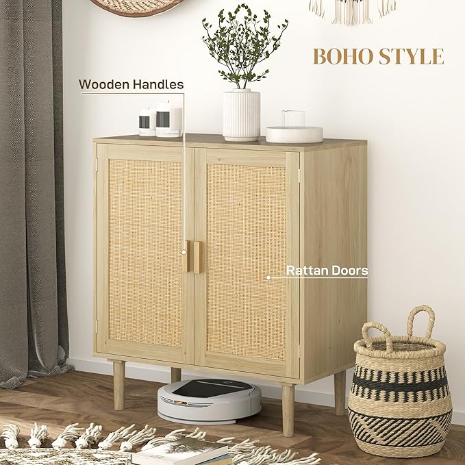 HOMCOM Sideboard Buffet Cabinet, 32" Boho Buffet Table, Rattan Coffee Bar Cabinet with 2 Doors and Shelves for Kitchen, Living Room, Entryway, Natural