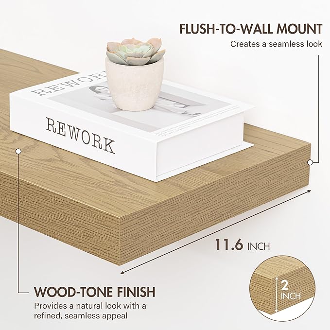 30 Inch Floating Shelves, 12" Deep Floating Shelf Wall Mounted, 30" Wall Shelves, Rustic Deep Bookshelf, Extra Deeper & Thicker Display Shelves for Bedroom, Living Room, Oak, Set of 2