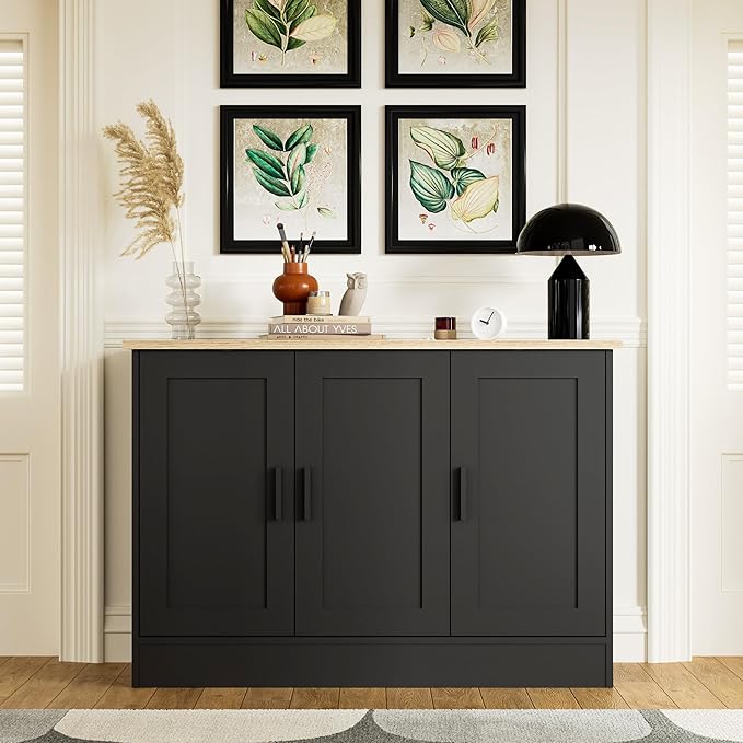 Anystyle 43" Black Buffet Cabinet with Black Handles, Small Kitchen Sideboard with 3 Doors & Adjustable Shelves, Modern Entryway Credenza & TV Console Table for Living Room, Dining Room