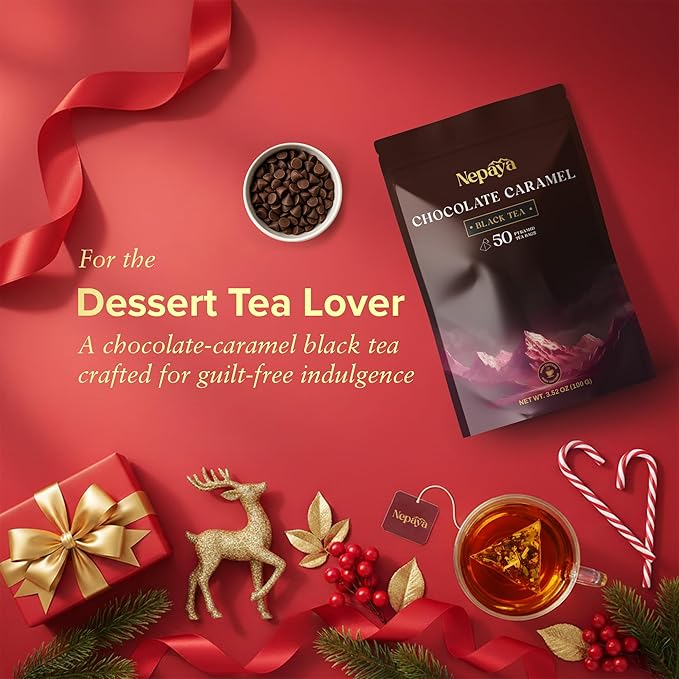 Chocolate Caramel Black Tea Bags, Dessert Inspired Blend with Caramel, Strawberry, Marshmallow & Cocoa – 50 Biodegradable Pyramid Bags, Individually Wrapped Black Tea with Strawberry Flavor
