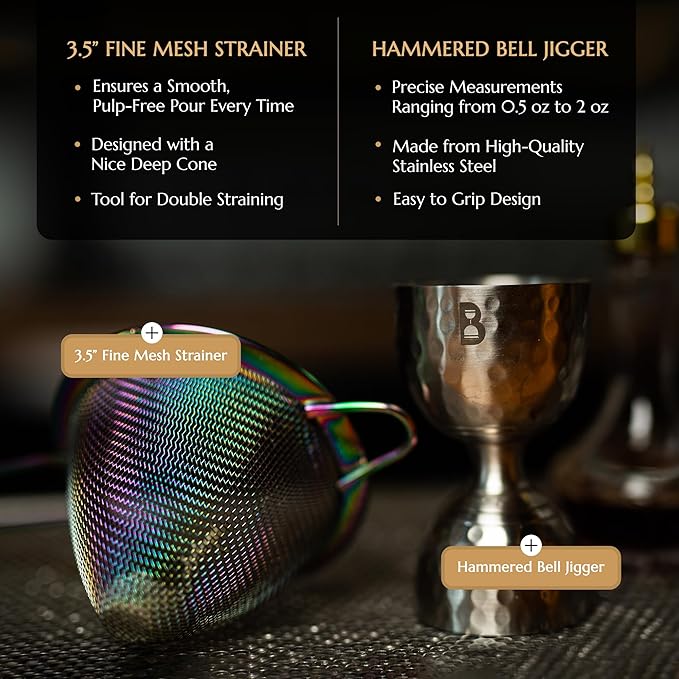 5 Piece Cocktail Kit by Bull In China - Premium Bartender Gift Set Includes Weighted 2 Piece Boston Shaker, Hammered Bell Jigger, Hawthorne Strainer & Fine Mesh Strainer (Rainbow Chrome)