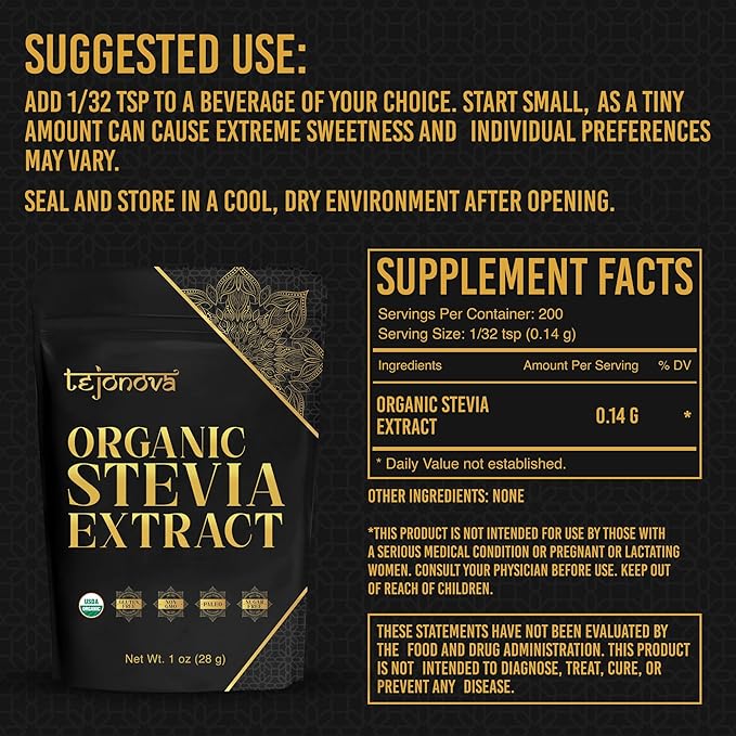 tejonova Organic Stevia Powder, 1oz, Stevia Sweetener, Stevia Organic from Stevia Leaf, Stevia Extract Powder, Zero Calorie Sweetener, Stevia Sugar Substitute, Pure Stevia No Additives, 200 Servings