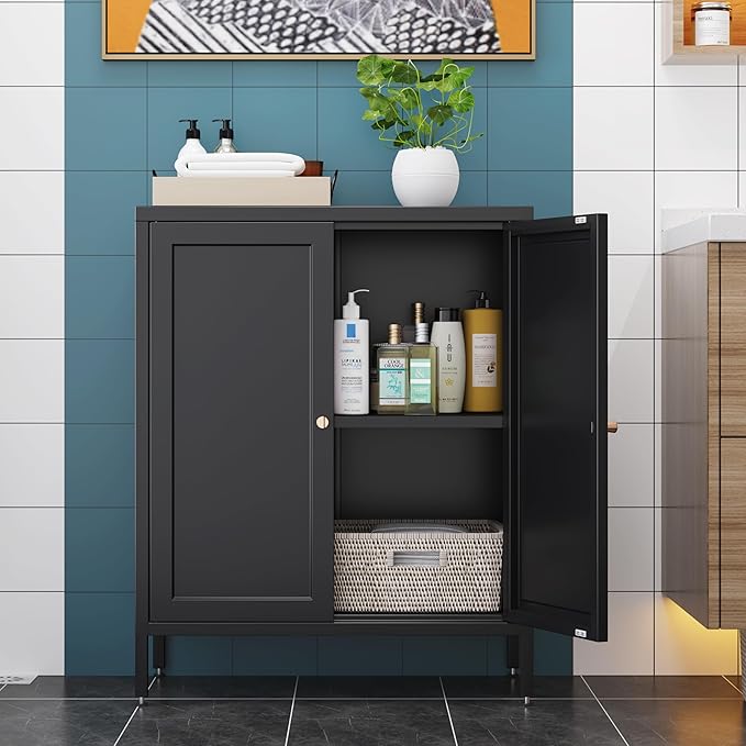 Small 2 Transparent Door Metal Storage Side Buffet Cabinet for Bed Room,Living Room,Entryway,Hallway,Home,Hotel,Office,Garage,Kitchen,1 Removable Shelf. (Square Door, Black)